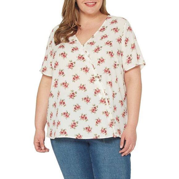 Pleione Blouse Womens Plus Size 3X Short Sleeve Floral Print Faux Wrap Neckline - Picture 1 of 12